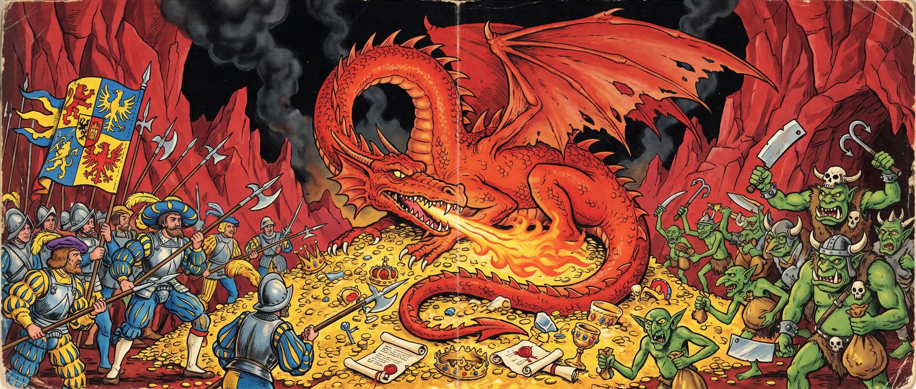 Vintage inked and painted fantasy scene: a red dragon breathing fire from the top of a mountain of gold, pikemen in blue and yellow defending it on the left, goblins and orcs charging from the right